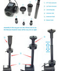 Components of Water Pump Kit with Mushroom and Blossom Spray Heads, 12 LED Fountain Ring, shown with assembly instructions.