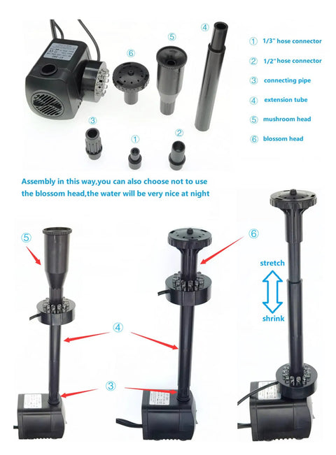 Components of Water Pump Kit with Mushroom and Blossom Spray Heads, 12 LED Fountain Ring, shown with assembly instructions.