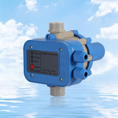 110V Automatic Electronic Switch Control Pressure Controller For Pumps And Water Systems with blue casing on water backdrop