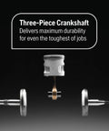 Three-piece crankshaft of 555 Gas Chainsaw With 24 Inch Bar 60cc 4.16 HP X Torq Engine And X Cut Chain for durability and tough jobs.
