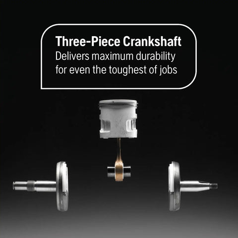 Three-piece crankshaft of 555 Gas Chainsaw With 24 Inch Bar 60cc 4.16 HP X Torq Engine And X Cut Chain for durability and tough jobs.