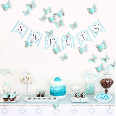 Silver Blue Teal Butterfly Wall Decals Set 27 Pieces 3D Glitter Butterflies Wall Art For Living Room Nursery Baby Room Wedding Decor Removable Murals Home Decor displayed above dessert table.
