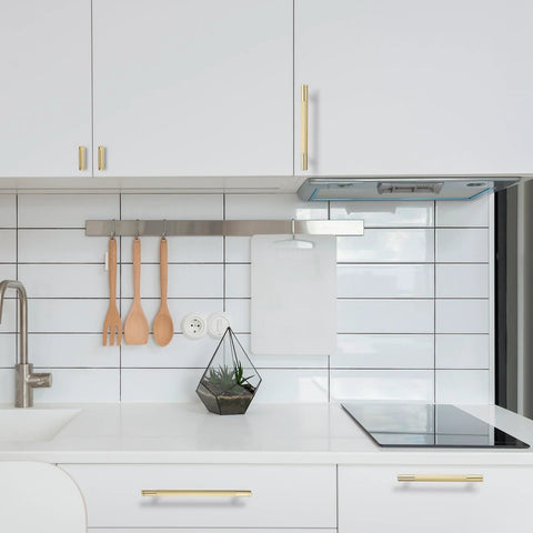 10 Pack Brushed Brass Knurled Cabinet Handles 5 Inch Center to Center Gold Kitchen Cabinet Pulls installed on white cabinets