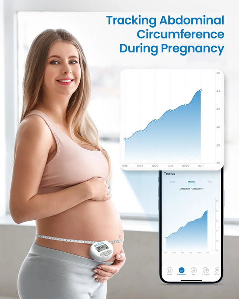 Pregnant woman using Smart Body Measuring Tape With Bluetooth App to track abdominal circumference and progress on phone app.