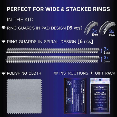Ring Size Adjuster Kit For Loose Rings With Wide Bands 3 To 8mm Includes polishing cloth, 6 spiral guards, 6 pad guards