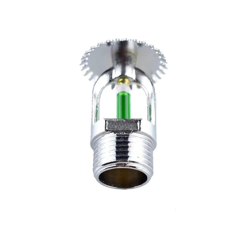 Six Piece Upright Fire Sprinkler Heads Bulk Pack 199 Degree Green Bulb with half-inch threaded fitting for fire protection.
