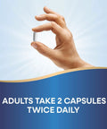 Hand holding a capsule with text 'Adults take 2 capsules twice daily'. Calcium Citrate Complex Supplement With Citrate Malate And Carbonate For Bone And Muscle Support 500 Mg Per Serving 250 Capsules Gluten Free And Dairy Free And Soy Free.