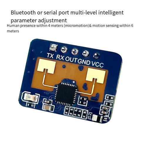 Four Pack 24GHz MmWave Human Presence Radar Sensor Motion Detection Module HLK LD2410C With Wide Up To 60 Degrees Coverage And Adjustable Sensing Range Bluetooth Or Serial Control For Smart Home Security And DIY Tinkering compact blue PCB with TX RX OUT GND VCC