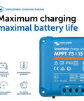 SmartSolar MPPT Bluetooth Solar Charge Controller For 75V 15A 12/24V Panels with protection features and blue casing.