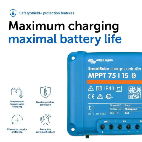 SmartSolar MPPT Bluetooth Solar Charge Controller For 75V 15A 12/24V Panels with protection features and blue casing.