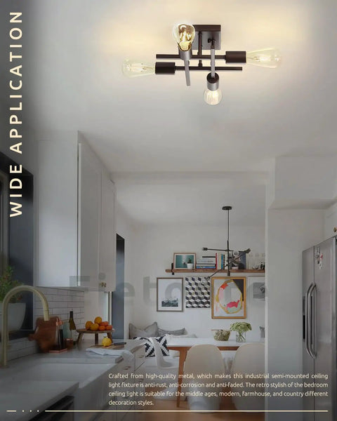 Industrial Four Light Semi Flush Mount Ceiling Light Fixture in Farmhouse Oil Rubbed Bronze Finish installed in modern kitchen