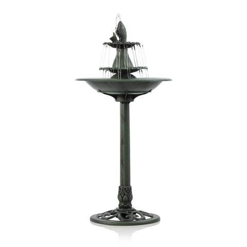 Outdoor 3 Tier Pedestal Water Fountain With Vintage Birdbath Accent In Green, featuring fish design on top, front view