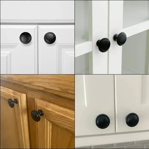Set Of 12 Black Round Cabinet Knobs 1.18 Inch With Screws Matte Finish Stainless Steel Knobs On Zinc Alloy Bases installed on cabinets