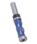 Top Pick Spiral Flush Trim Router Bit For Woodworking Pros With Tungsten Carbide Blades And 1/2 Inch Shank To Cut Smooth Edges Fast, blue finish, visible tungsten carbide tips.