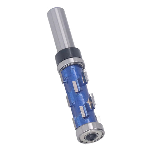 Top Pick Spiral Flush Trim Router Bit For Woodworking Pros With Tungsten Carbide Blades And 1/2 Inch Shank To Cut Smooth Edges Fast, blue finish, visible tungsten carbide tips.