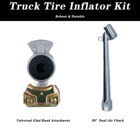 Heavy Duty Truck Tire Inflator Kit With 3/8 By 50 Ft Hybrid Air Hose, Glad Hand Connector And Air Chuck close-up of universal glad hand attachment and 30° dual air chuck