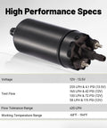 External Inline Fuel Pump 12V-13.5V High Flow 255 LPH, 115 PSI High Pressure, 52mm Bracket Clamp with performance specs