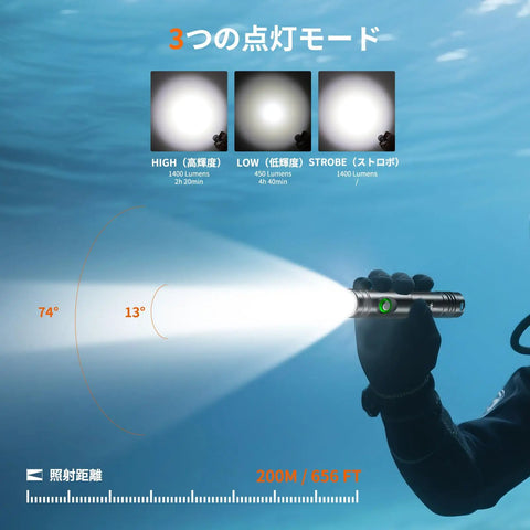 Scuba diver holds WD12 Dive Light 1400 Lumen Scuba Backup Underwater Flashlight With 3 Modes And Power Indicator underwater.