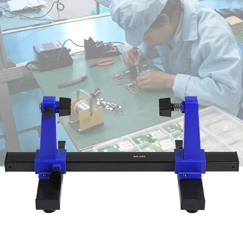 Adjustable PCB Holder And Soldering Stand with Rotating Clamps for DIY Electronics in use on a workbench