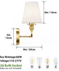 Onwecen Wall Sconces Set of 2, Modern Bathroom Light Fixtures, Brushed Gold, 5in wide and 6in tall with a white tapered shade.