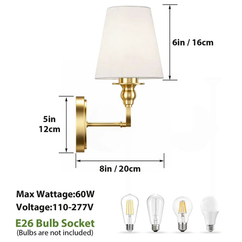 Onwecen Wall Sconces Set of 2, Modern Bathroom Light Fixtures, Brushed Gold, 5in wide and 6in tall with a white tapered shade.