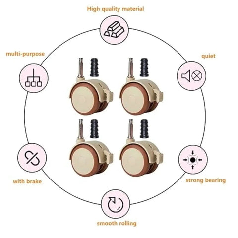Heavy Duty Soft Rubber Caster Wheels Set Of 4 With 360 Degree Swivel And Snap Lock Brakes in a quadrant layout for smooth moves.