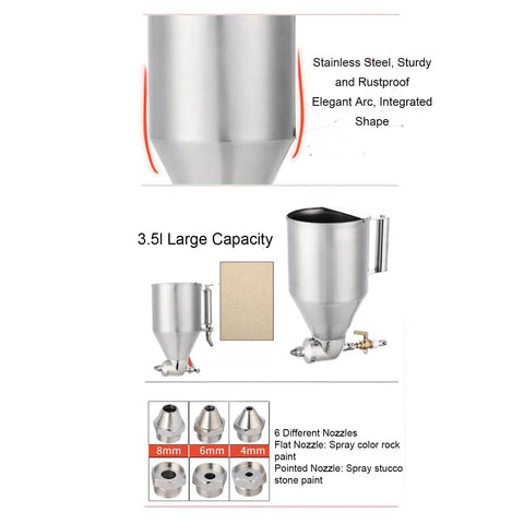 Heavy Duty Pneumatic Stucco Cement Sprayer Hopper With Stainless Steel Body, 3.5L capacity and 6 nozzles for varied applications.