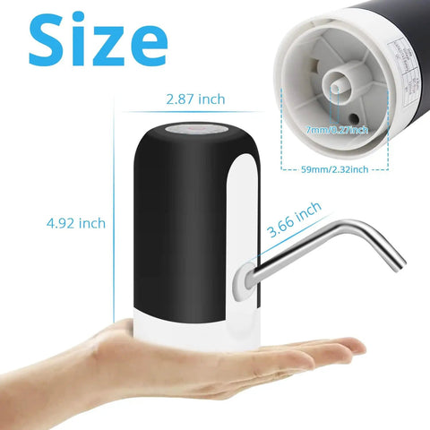 5 Gallon Water Dispenser With Pump Automatic Water Jug Dispenser For Bottled Water USB Powered With On Off Switch Fits Most Camping Kitchen Workshop Garage BPA Free Food Grade Hose Black, shown with dimensions in hand.