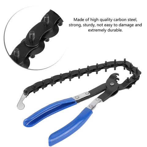 Universal Exhaust And Tail Pipe Cutter Tool With Fifteen Blades, Heavy Duty Carbon Steel, Cuts Three Quarter Inch To Three Inch Pipes In Just A Quarter Turn, Perfect For Quick Clean Cuts And Tough Auto Repair Jobs, black chain cutter with blue handles