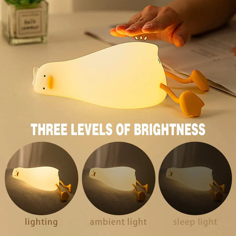 Flat Lying Duck Night Light For Kids Soft Silicone Nursery Lamp with touch control and Type C rechargeable battery.