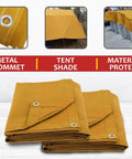 10 X 12 Tan Canvas Tarp With 12 Oz Heavy Duty Water Resistant Polyester, close-up of grommet and folded tarp for outdoor use