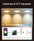 Brightness range display of 2700K to 6500K for 4 Pack 6 Inch Ultra Thin Smart WiFi Recessed Canless Downlights RGBWW Color Changing