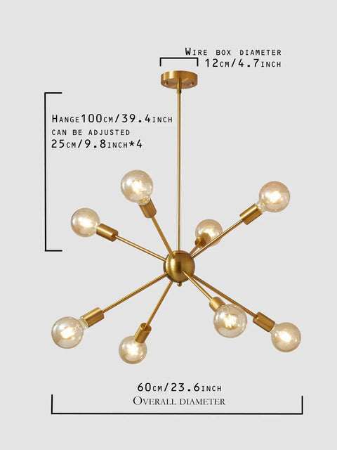 Dope Gold Sputnik Chandelier Modern Brass Lighting Set With Eight-Light Ceiling Fixture dimensions and details view