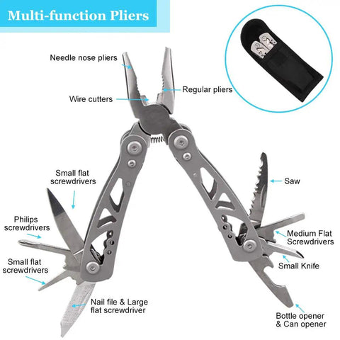 Multi-function pliers from All In One 16 In 1 Waterproof Survival Kit For Camping Hiking Travel And Adventures, with labeled tools.