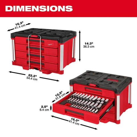 242 Piece Ratchet Socket Set With Four Drawer Rolling Tool Chest dimensions shown on a red and black tool chest.