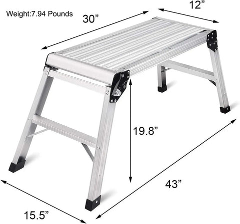Heavy Duty Aluminum Work Platform Ladder, Foldable 30 x 12 x 20 Inch Platform, 330 Lb Capacity, shown with dimensions