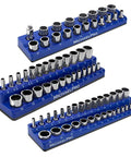 Magnetic Socket Organizer Tray Set For Metric Sockets Three Piece One Quarter Inch Drive Three Eighths Inch Drive And One Half Inch Drive High Capacity Holds Up To Seventy Five Sockets Keeps Your Toolbox Ready And Cabinets Sorted, shown in blue with arranged sockets.