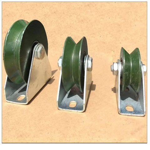 EVXOIJM V-groove caster wheel set with green cast-iron wheels and mounting brackets; three heavy-duty track rollers