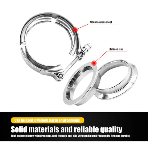 Exhaust clamp kit, 2.5-inch stainless steel with V-bolt clamps and male/female flange rings, silver, front view