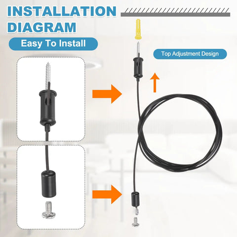 Installation diagram of Four Piece Ceiling Hanging Wire Cable Kit with Adjustable Top Mounts 3.3ft Suspension Cable