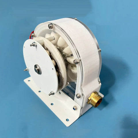 100W Coreless Disc Hydro Generator for Home Use with Transparent Housing and Low Startup Torque on blue background