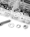 Close-up of Pro Grade Stainless Steel 1/4-20 Bolt Kit With Nuts, Flat Washers, Lock Washers, and Fully Threaded Bolts in box.