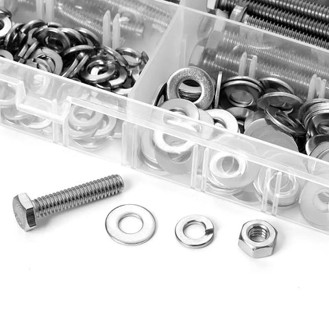 Close-up of Pro Grade Stainless Steel 1/4-20 Bolt Kit With Nuts, Flat Washers, Lock Washers, and Fully Threaded Bolts in box.