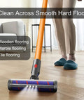 Soft Roller Cleaner Head With LED Headlights for Dyson V7 V8 V10 V11 on laminate floor with visible LED lights.