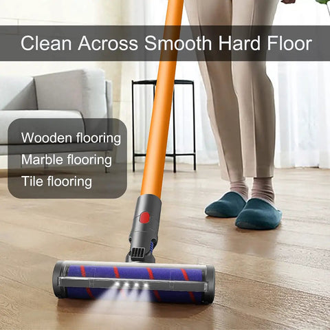 Soft Roller Cleaner Head With LED Headlights for Dyson V7 V8 V10 V11 on laminate floor with visible LED lights.