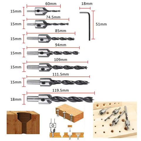 Must Have 23 Piece Woodworking Chamfer Countersink Drill Bit Set With Hex Shank HSS Five Flute 90 Degree Bits, diagram view
