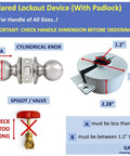 Diagram of Doorknob Lockout Device With Padlock For Kid Safe Home Safety And Door Handle Lock Preventing Knob Turning Easy Clamp Style Lock For Doors Faucets And Valves, showing measurements for fit on cylindrical knobs and valves.