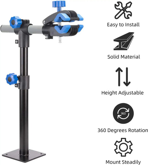 Wall Mounted Bike Repair Stand With Height Adjustable Clamp And Workbench Mount For Road And Mountain Bikes DIY Friendly Home Bicycle Maintenance Rack For Quick Repairs, featuring a 360° rotatable clamp.