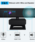 Hella Sharp 1080P Hd Webcam With Zero Fuss Setup And Pro Level Quad Mic Array Built In Stereo Speaker Magnetic Privacy Slider Wide Angle Lens showing 4 mics and speaker.