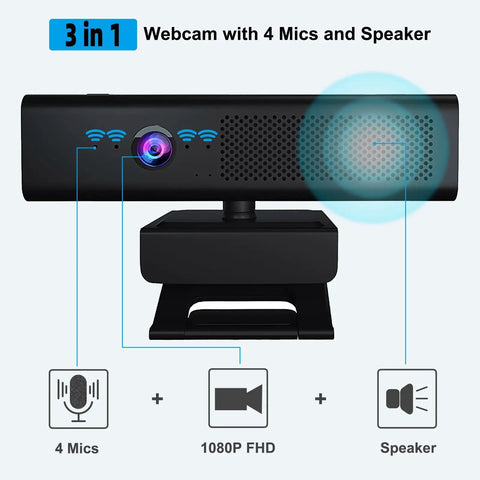 Hella Sharp 1080P Hd Webcam With Zero Fuss Setup And Pro Level Quad Mic Array Built In Stereo Speaker Magnetic Privacy Slider Wide Angle Lens showing 4 mics and speaker.